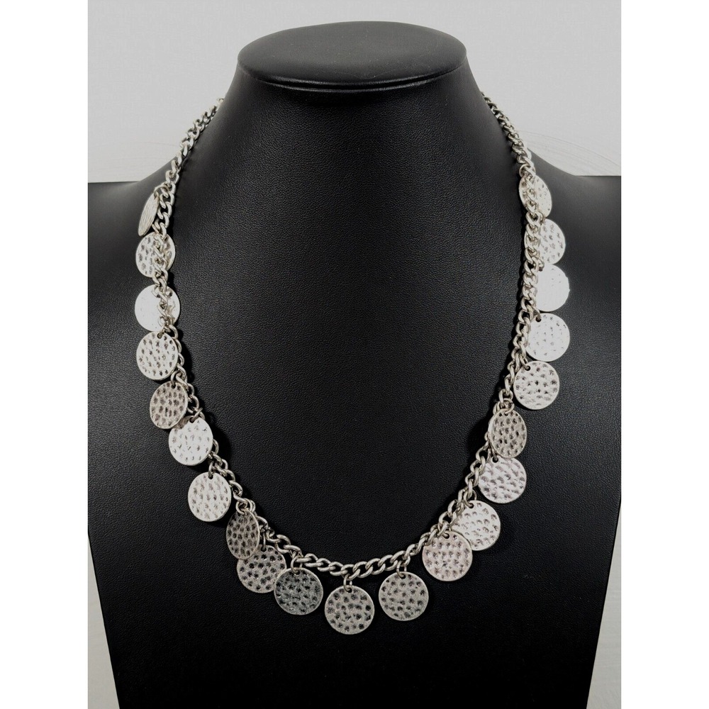 Hammered Silver Disc Charm Necklace Boho Coastal Chain 21"